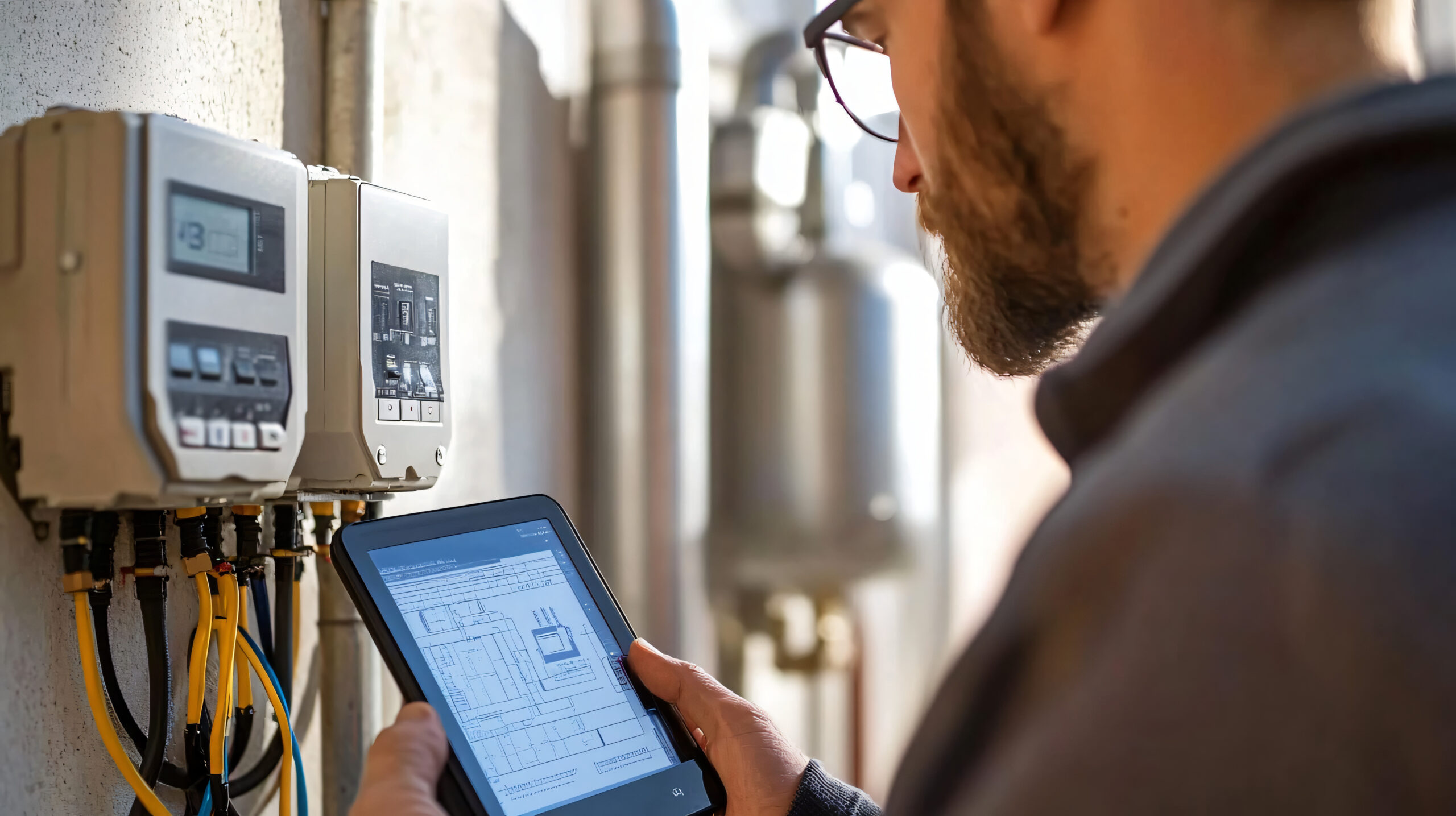 A man stands holding a device at a power meter